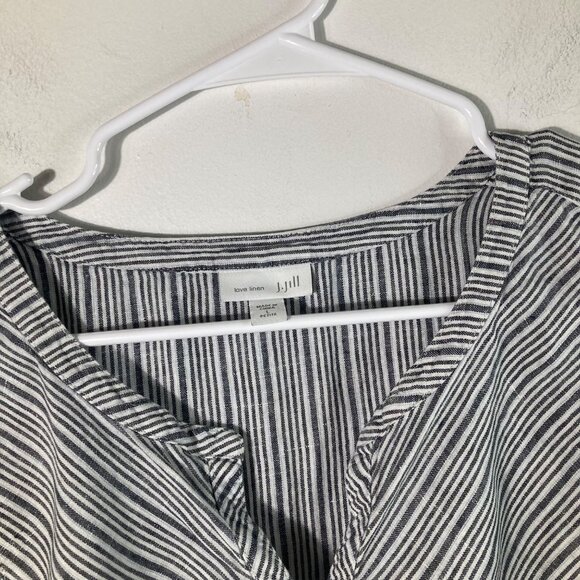 Womens J Jill Linen 1/2 Button V Neck Striped Tunic Gray White LP Long Sleeve - Picture 4 of 9